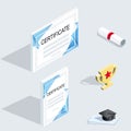 Isometric icons. Official whitecertificates with blue triangles design elements and graduation cap with shadow Royalty Free Stock Photo