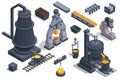 Isometric icons set with Blast furnace slag and pig iron tapping. Iron and steel Industry. Hot steel pouring in steel