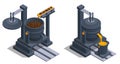 Isometric icons set with Blast furnace slag and pig iron tapping. Iron and steel Industry. Hot steel pouring in steel