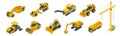Isometric icons set of construction equipment and machinery with trucks crane and bulldozer. Isolated vector Building