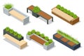 Isometric icons set of eco modern street bench vector for web design isolated on white. A modern bench with a flower bed