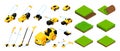 Isometric icons set of grass samples and lawn movers and electric trimmers isolated vector