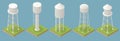 Isometric icons set of water towers , a water tank constructed at a height sufficient to pressurize a distribution