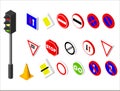 Isometric icons various road sign and traffic light. European and american style design. Vector illustration eps 10.