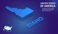Isometric Idaho State map on blue and glowing background. 3D Detailed Map in perspective with place for your text or description.