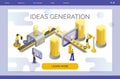 Isometric idea manufacture landing. Innovation website. Production conveyor with lightbulb. Invention lamp. Automated