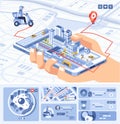 Isometric illustraiton of food app mobile appliction on smartphone with route on the map