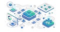 Isometric illustration of an ai algorithm with data flow and loss reduction metrics displayed Royalty Free Stock Photo