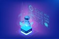 Isometric illustration of an AI chatbot robot interacting with futuristic data dashboards and holographic graphs