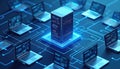 Isometric illustration AI server with laptops connected via wireless cloud. Data processing tech, secure networking, remote access Royalty Free Stock Photo