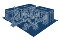 Isometric illustration of an automated manufacturing process. Features four sections: Assembly, Royalty Free Stock Photo