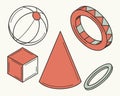Isometric illustration of a ball, a cube, a cone, and two rings on a white background Royalty Free Stock Photo