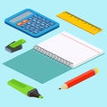 Isometric illustration on a blue background with the image ruler, calculator, markerpen, pencil, open notepad. Vector illustration Royalty Free Stock Photo