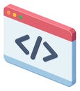 Isometric illustration of a browser window depicting programming code for web development concepts Royalty Free Stock Photo