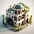 Isometric illustration of a bunglow house based on Arabic and Greece architecture.