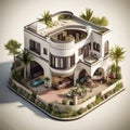 Isometric illustration of a bunglow house based on Arabic and Greece architecture.