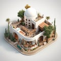 Isometric illustration of a bunglow house based on Arabic and Greece architecture.