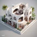 Isometric illustration of a bunglow house based on Arabic and Greece architecture.