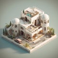 Isometric illustration of a bunglow house based on Arabic and Greece architecture.