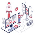 Business startup growth strategy isometric illustration with data analysis and launch Royalty Free Stock Photo
