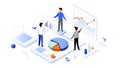 Isometric Illustration of Business People Analyzing Data and Charts analytics graphs Royalty Free Stock Photo