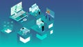 Isometric illustration of business people working on different platforms.
