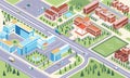 Isometric illustration of campus university environment complex, there is a campus garden as a green area and the building is