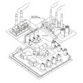 Isometric illustration of a carbon capture facility. Features multiple cylindrical tanks Royalty Free Stock Photo