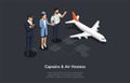 Isometric Illustration In Cartoon 3D Style. Vector Composition On Dark Background. Captains And Air Hostess Standing