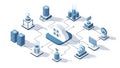 An isometric illustration of a central data hub connected to various digital devices and storage systems Royalty Free Stock Photo