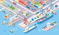 Isometric illustration of central port for cargo ships and cruise ships with multiple ships at anchor and containers ready to be Royalty Free Stock Photo