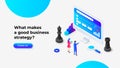 Isometric illustration with chess pieces and a digital interface, emphasizing strategy, planning, and teamwork in