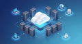 Isometric illustration of cloud computing infrastructure with servers and data centers Royalty Free Stock Photo