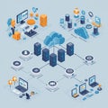 Isometric illustration of a cloud computing network, showing interconnected servers Royalty Free Stock Photo