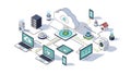 An isometric illustration of a cloud computing network with various devices connected Royalty Free Stock Photo