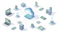 An isometric illustration of a cloud computing network with various devices connected Royalty Free Stock Photo