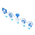 Isometric cloud computing process flow diagram with data icons data flow technology Royalty Free Stock Photo