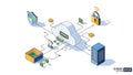 An isometric illustration of a cloud computing system with security features and data transfer Royalty Free Stock Photo