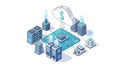 An isometric illustration of a cloud computing system with servers and data storage Royalty Free Stock Photo