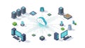 An isometric illustration of a cloud computing system with various devices and servers connected Royalty Free Stock Photo