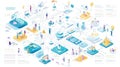 Isometric illustration of a complex network of connected people and technology elements Royalty Free Stock Photo