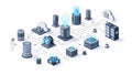 An isometric illustration of a complex network of interconnected servers and data storage devices Royalty Free Stock Photo