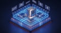 Isometric illustration of a computer processor with blue and orange grid pattern showing internal components data flow and Royalty Free Stock Photo