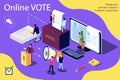 Isometric illustration concept. Group of people give online vote and putting papper vote in to the vote box.
