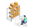 Isometric illustration concept. Man analyzing goods in warehouse