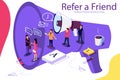 Isometric illustration concept. People shou into the microphone with Refer a friend words Royalty Free Stock Photo