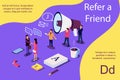 Isometric illustration concept. People shou into the microphone with Refer a friend words Royalty Free Stock Photo