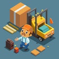 Isometric Illustration of a Construction Worker and Forklift in a Warehouse Royalty Free Stock Photo