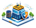 Isometric illustration of a data center depicting network security for cloud computing Royalty Free Stock Photo