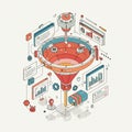 Isometric illustration of a data funnel surrounded by various digital Royalty Free Stock Photo
